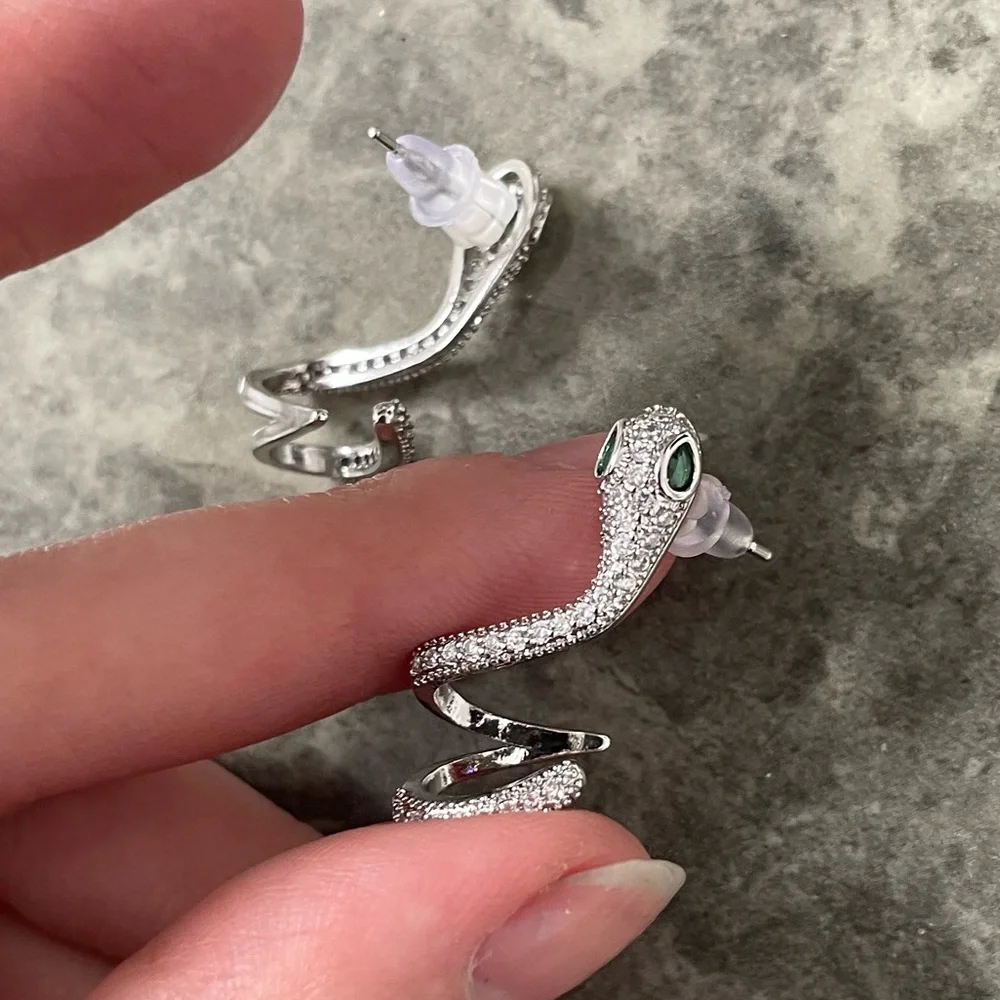Silver Diamond Snake Ear Cuff Stud Earrings Emerald Eyes - Picture 6 of 10